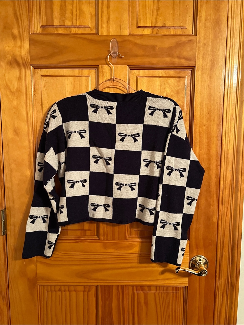 Sincerely Jules Black and Cream Checkerboard Bow Crewneck Sweater - Picture 2 of 3